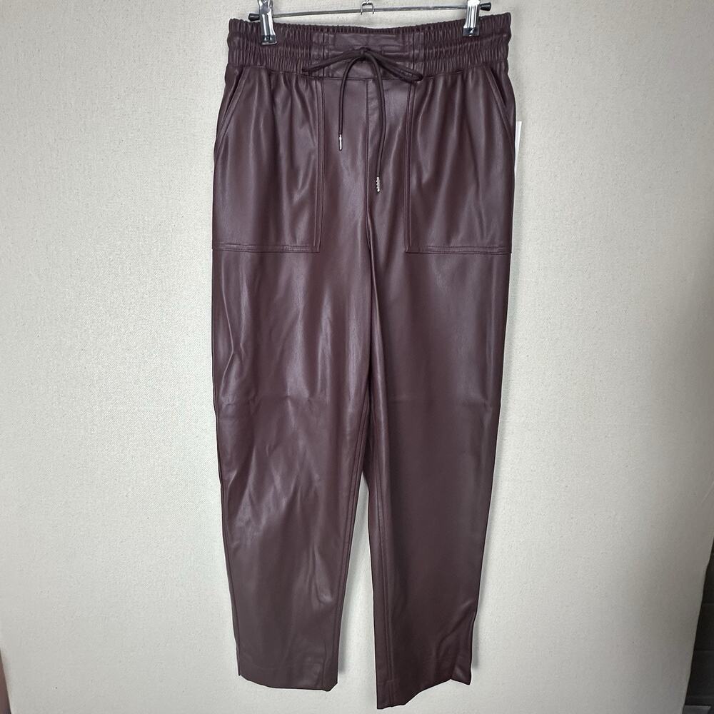 Women's High-Rise Faux Leather Tapered Ankle Pull-On Pants Sz S NWT Burgundy - Picture 2 of 15